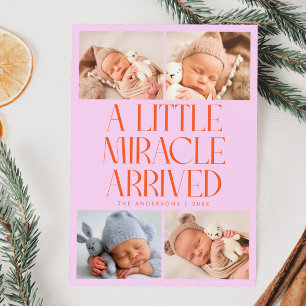 Bold Little Miracle Xmas Orange Pink Photo Birth Announcement