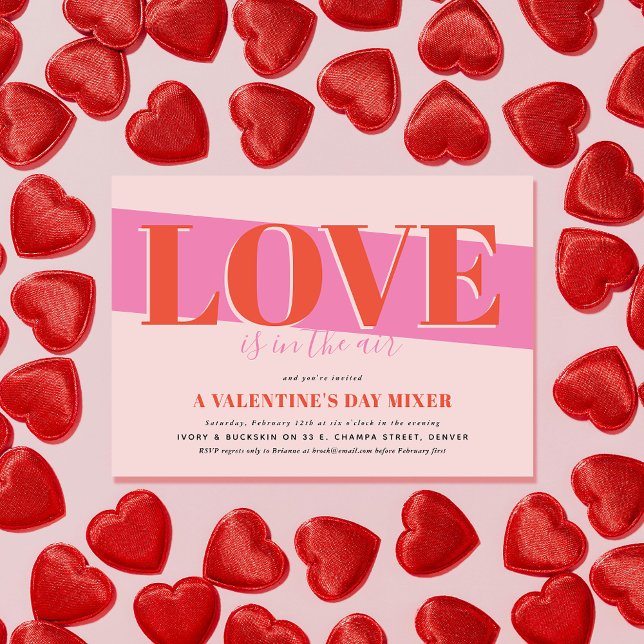 Bold Love Valentine's Day Party Invitation (Blush pink background, orange and candy pink bold text Valentine's Day party invitation)