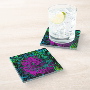 Bold Magenta Abstract Groovy Liquid Art Swirl Glass Coaster