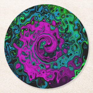 Bold Magenta Abstract Groovy Liquid Art Swirl Round Paper Coaster