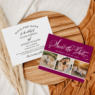 Bold Magenta Calligraphy Three Photo Wedding Save The Date