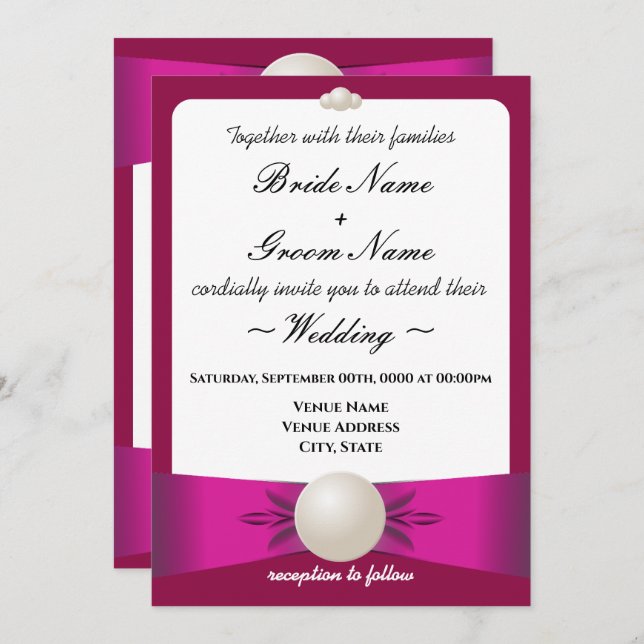 Bold Magenta Pearl Ribbon Wedding & Reception Invitation (Front/Back)