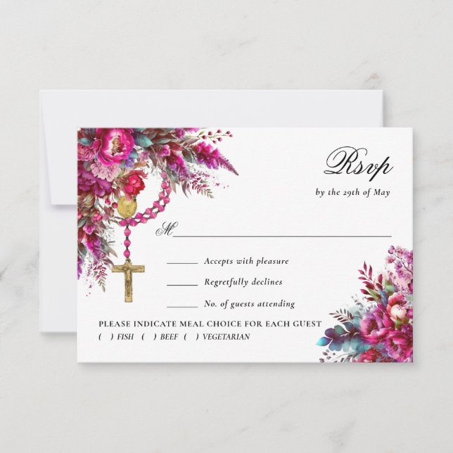 Bold Magenta Rosary Catholic Wedding Response Card (Front)