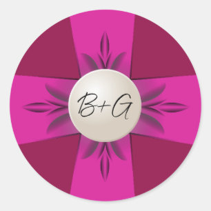 Bold Magenta & Wine Monogram Pearl Ribbon Wedding Classic Round Sticker