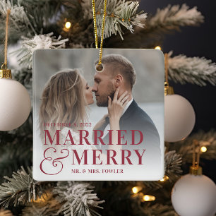 Bold Married & Merry Wedding Photo Newlywed Ceramic Ornament