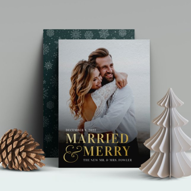Bold Married & Merry Wedding Photo Newlywed Foil Holiday Card (Creator Uploaded)