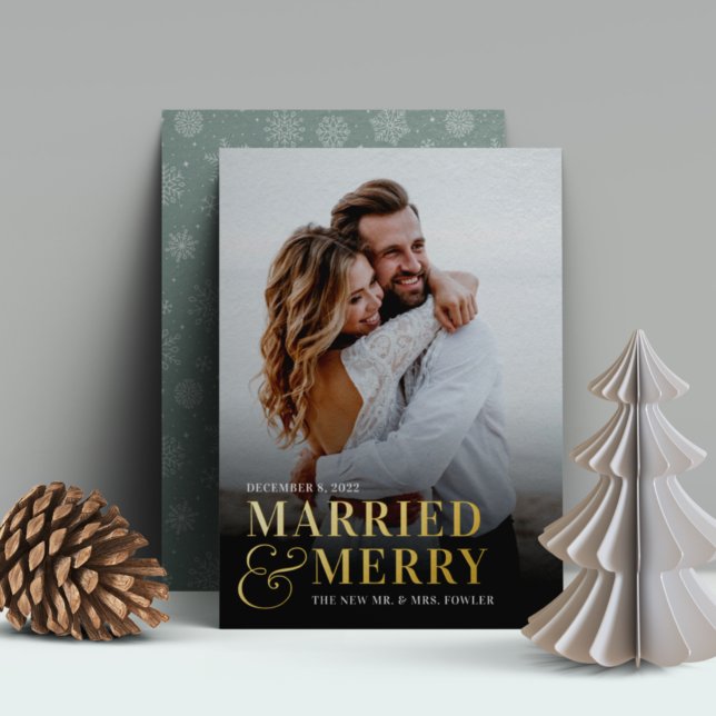 Bold Married & Merry Wedding Photo Newlywed Foil Holiday Card (Creator Uploaded)