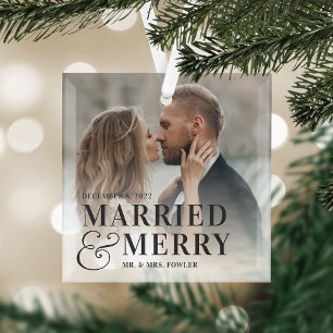Bold Married & Merry Wedding Photo Newlywed Glass Tree Decoration