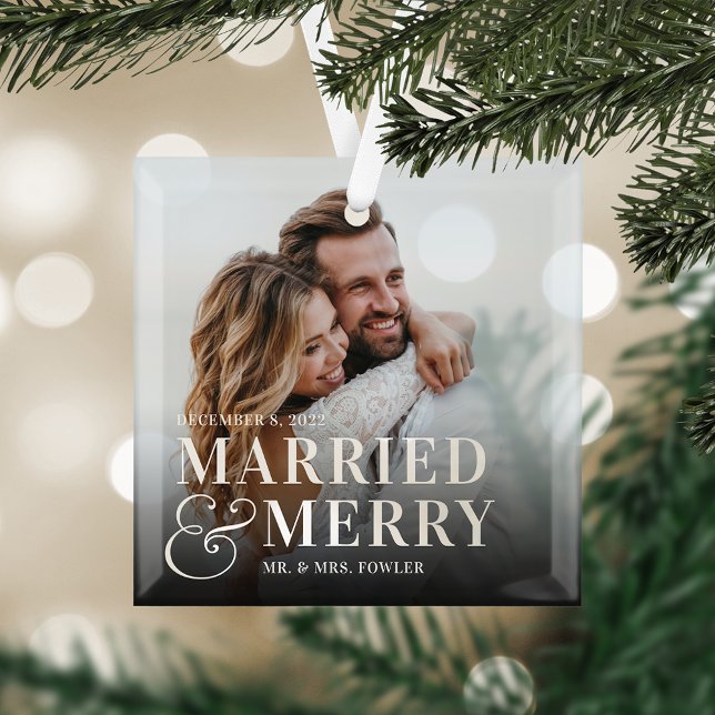 Bold Married & Merry Wedding Photo Newlywed Glass Tree Decoration (Creator Uploaded)