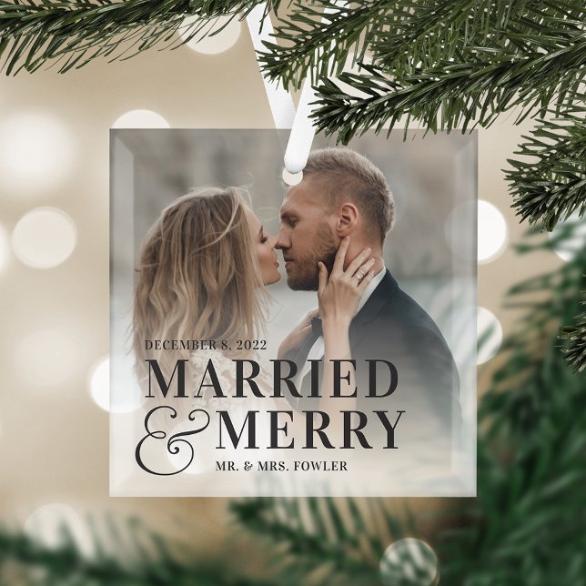 Bold Married & Merry Wedding Photo Newlywed Glass Tree Decoration (Creator Uploaded)