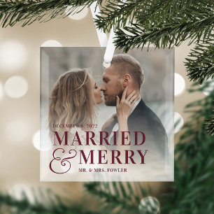 Bold Married & Merry Wedding Photo Newlywed Glass Tree Decoration