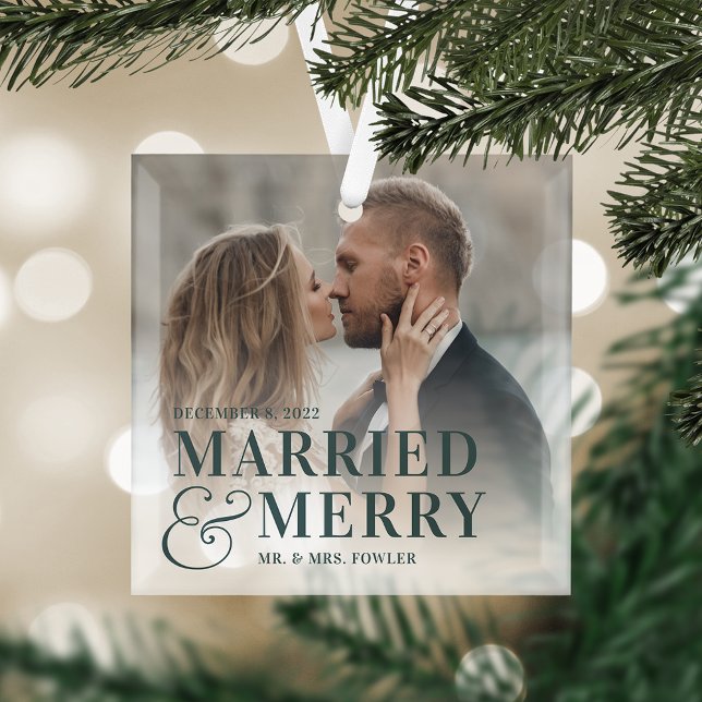 Bold Married & Merry Wedding Photo Newlywed Glass Tree Decoration (Creator Uploaded)
