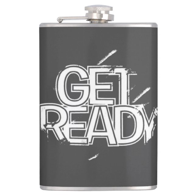 Bold Matte Black Statement Hip Flask GET READY (Front)