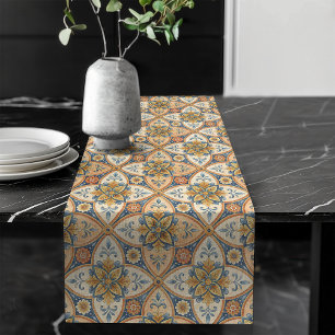 Bold Mediterranean Tile Pattern Terracotta Blue Long Table Runner