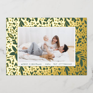 BOLD Merry Christmas Gold Green Botanical Frame Foil Holiday Card