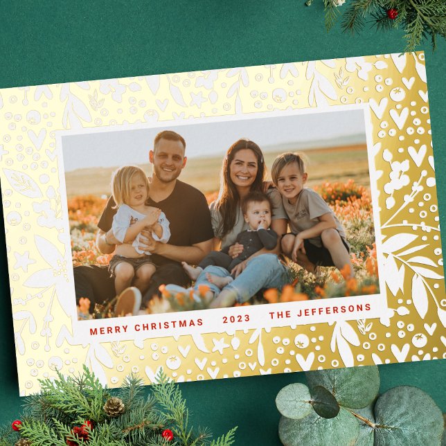 BOLD Merry Christmas Gold ReD Botanical Frame Foil Holiday Card (Creator Uploaded)