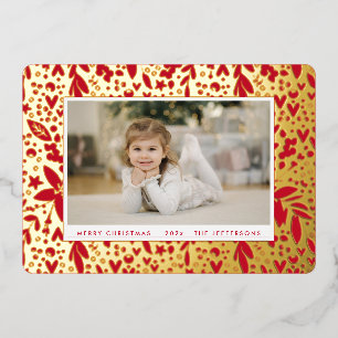 BOLD Merry Christmas Gold Red Botanical Frame Foil Holiday Card