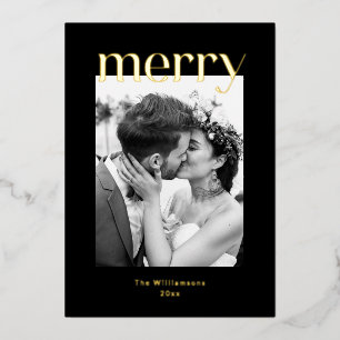 Bold Merry Christmas Wedding Photo Black Gold Foil Holiday Card