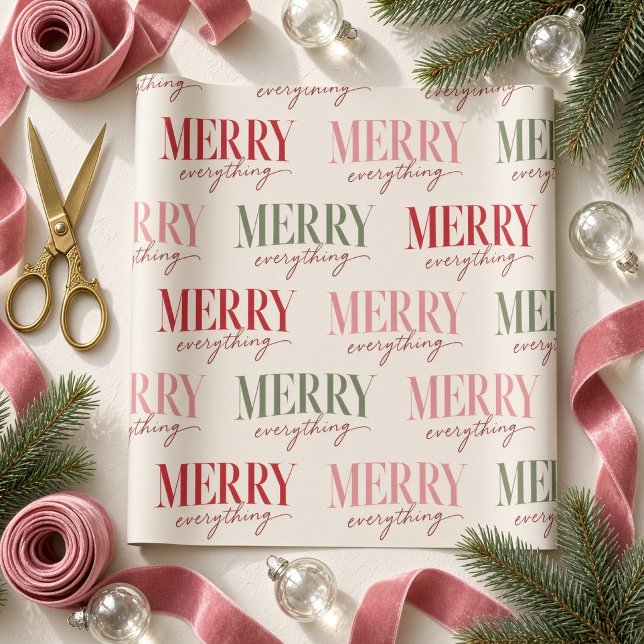 Bold Merry Everything Script Typography Pink Green Wrapping Paper (Creator Uploaded)