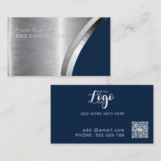 Bold Metallic Look Construction Navy & silver Business Card (Front/Back)