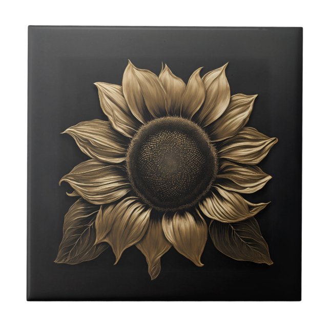  Bold Metallic Sunflower on Black Ceramic Tile (Front)