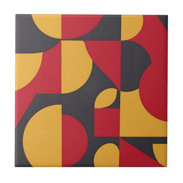 Bold Mid-Century Geometric Red Yellow Gray Pattern Ceramic Tile (Front)