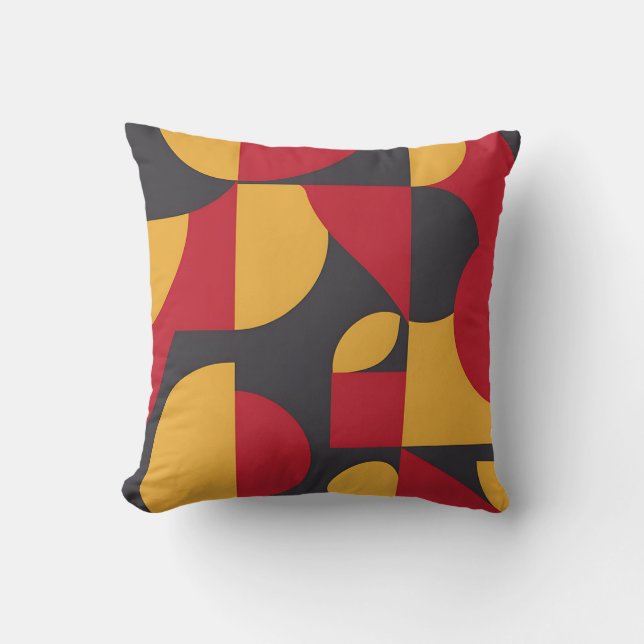Bold Mid-Century Geometric Red Yellow Gray Pattern Cushion (Front)