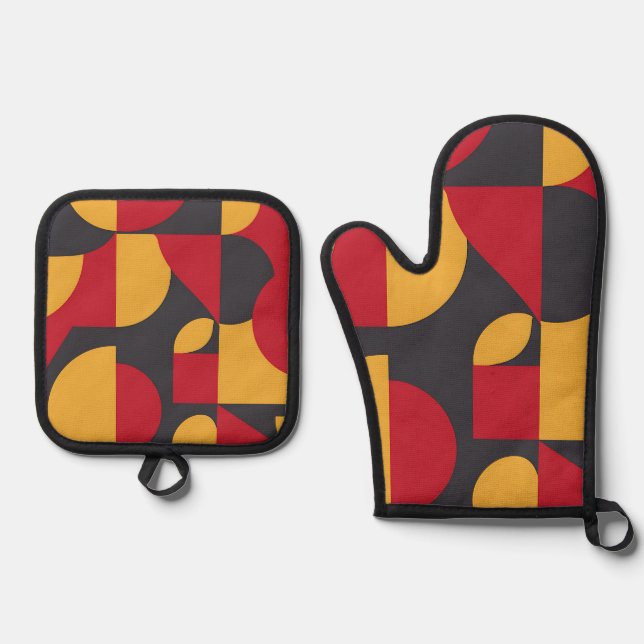 Bold Mid-Century Geometric Red Yellow Gray Pattern Oven Mitt & Pot Holder Set (Front)