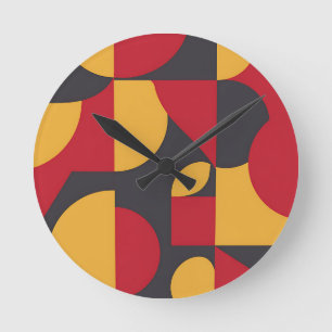 Bold Mid-Century Geometric Red Yellow Gray Pattern Round Clock