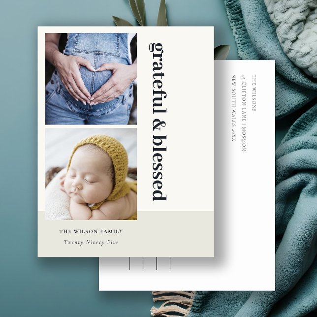 Bold Minimal 2 Photo Black Grateful & Blessed Holiday Postcard (Creator Uploaded)