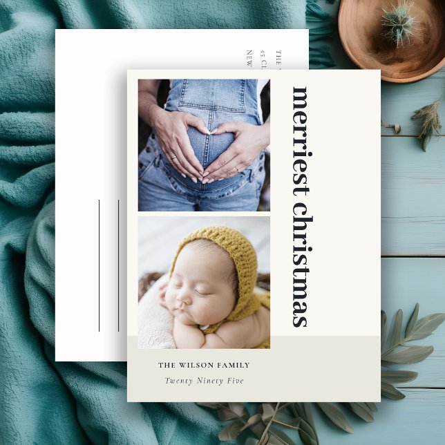 Bold Minimal 2 Photo Black Merriest Christmas Holiday Postcard (Creator Uploaded)