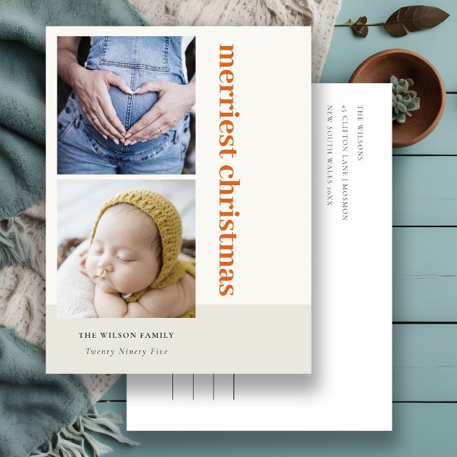 Bold Minimal 2 Photo Red Rust Merriest Christmas Holiday Postcard (Creator Uploaded)