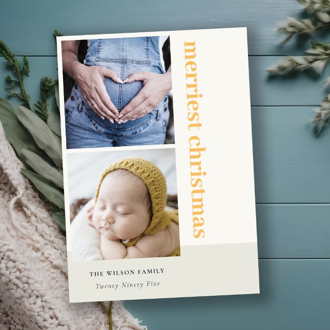 Bold Minimal 2 Photo Yellow Merriest Christmas Holiday Card (Creator Uploaded)