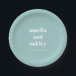 Bold Minimalist Aqua Blue Retro Custom Wedding Paper Plate<br><div class="desc">Celebrate in style with these personalised wedding paper plates! Featuring a modern, minimalist design in a soft aqua blue with crisp white typography, these plates add a chic and coordinated touch to your wedding reception, bridal shower, or engagement party. Customised with the couple’s names and wedding date, they’re perfect for...</div>