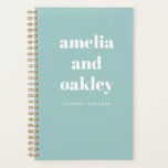 Bold Minimalist Aqua Blue Retro Custom Wedding Planner<br><div class="desc">Stay organised while planning your big day with this Personalised Wedding Planner. Featuring a modern minimalist design in aqua blue with bold typography, this spiral-bound notebook is perfect for jotting down ideas, timelines, and to-do lists. With customisable names and date details, it makes a thoughtful engagement gift for newlyweds-to-be. Whether...</div>