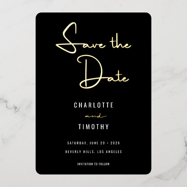Bold Minimalist Black Script Wedding Save the Date (Front)