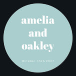 Bold Minimalist Boho Aqua Blue Custom Wedding Classic Round Sticker<br><div class="desc">Personalise your wedding favours with these elegant custom stickers. Featuring a soft aqua blue background and bold typography,  these stickers add a stylish touch to gift boxes,  envelopes,  and more. Customise with your names and wedding date for a beautiful and thoughtful detail your guests will love!</div>