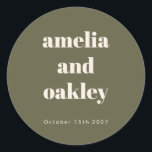 Bold Minimalist Boho Olive Green Custom Wedding Classic Round Sticker<br><div class="desc">Bold Minimalist Boho Olive Green Retro Simple Custom Wedding Classic Round Sticker</div>