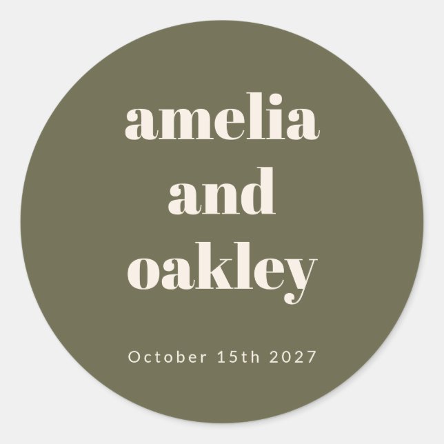 Bold Minimalist Boho Olive Green Custom Wedding Classic Round Sticker (Front)