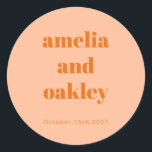 Bold Minimalist Boho Peach Orange Custom Wedding Classic Round Sticker<br><div class="desc">Personalise your wedding favours with these elegant custom stickers. In Peach Orange,  these stickers add a stylish touch to gift boxes,  envelopes,  and more. Customise with your names and wedding date for a beautiful and thoughtful detail your guests will love!</div>