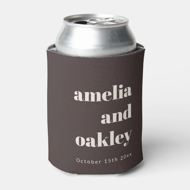 Bold Minimalist Brown Fall Retro Custom Wedding Can Cooler (Can Front)