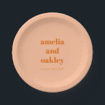 Bold Minimalist Peach Orange Retro Custom Wedding Paper Plate<br><div class="desc">Celebrate in style with these personalised wedding paper plates! Featuring a modern, minimalist design in a soft Peach Orange with crisp white typography, these plates add a chic and coordinated touch to your wedding reception, bridal shower, or engagement party. Customised with the couple’s names and wedding date, they’re perfect for...</div>