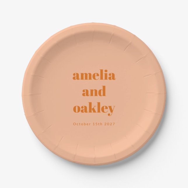 Bold Minimalist Peach Orange Retro Custom Wedding Paper Plate (Front)