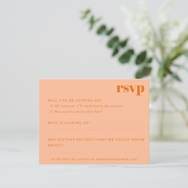 Bold Minimalist Peach Orange Retro Custom Wedding RSVP Card (Standing Front)