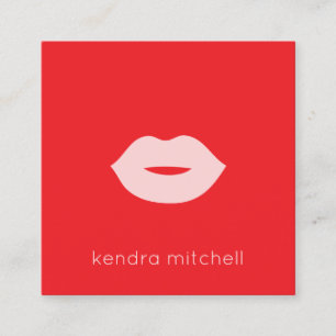 Bold Minimalist Pink Lips Logo Makeup Artist Red Square Business Card