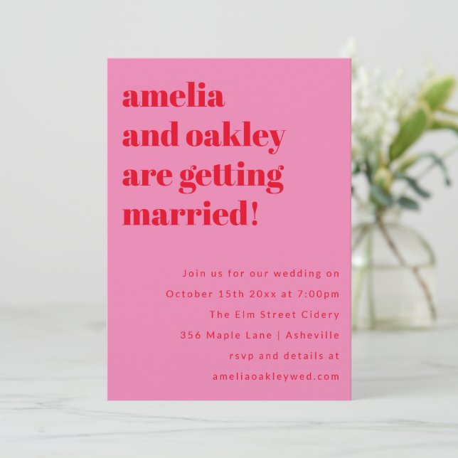 Bold Minimalist Pink Red Retro Wedding Website Invitation (Standing Front)