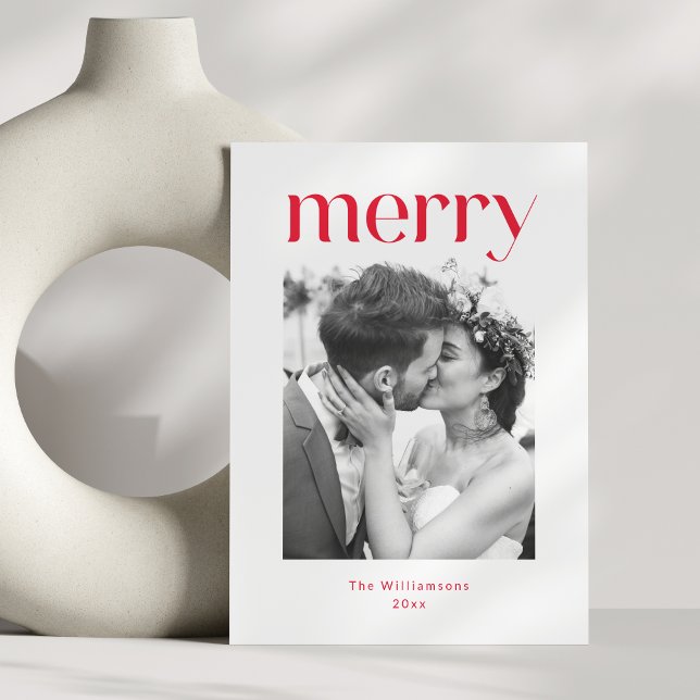 Bold Minimalist Red Merry Christmas Wedding Photo Holiday Card (Creator Uploaded)