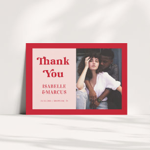 Bold & Minimalist Retro Script Red & Pink Wedding Thank You Card