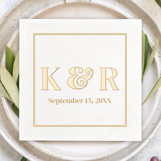 Bold Minimalist Simple Initials & Date Wedding Foil Napkins (Modern Simple Minimalist Initial Monogram Wedding Date Gold Foil Cocktail Napkin personalized custom)