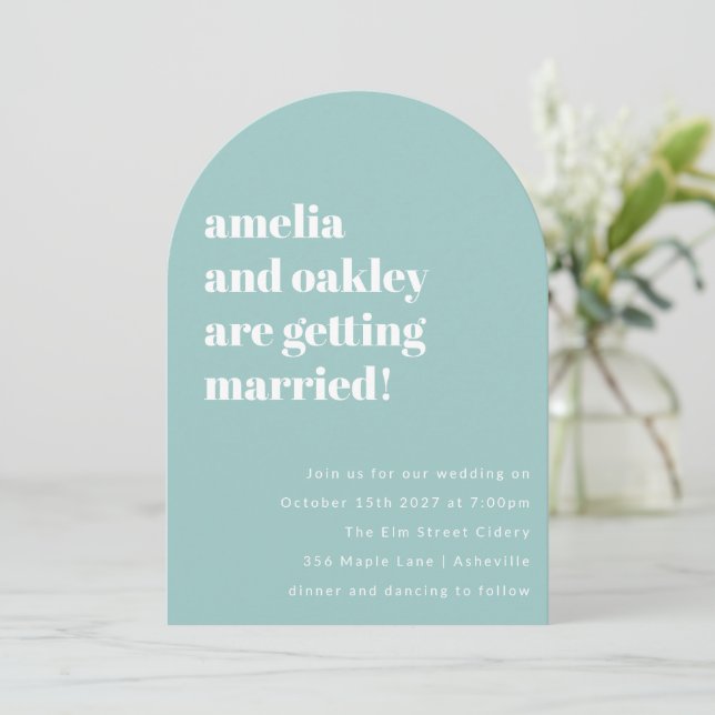 Bold Minimalist Soft Aqua Blue Retro Wedding Arch Invitation (Standing Front)